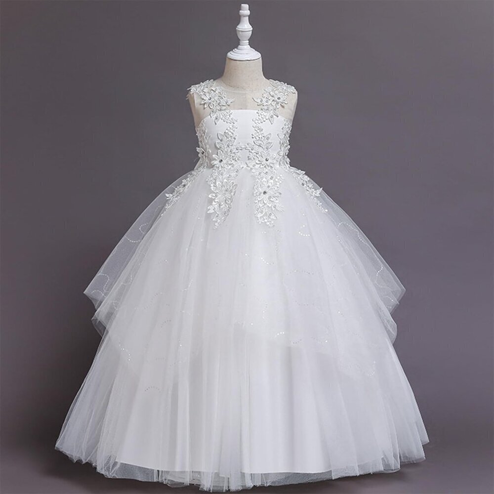 🆕Girls White Tulle Polyester Flower Dress Wedding Lace Embroidery Father Dance